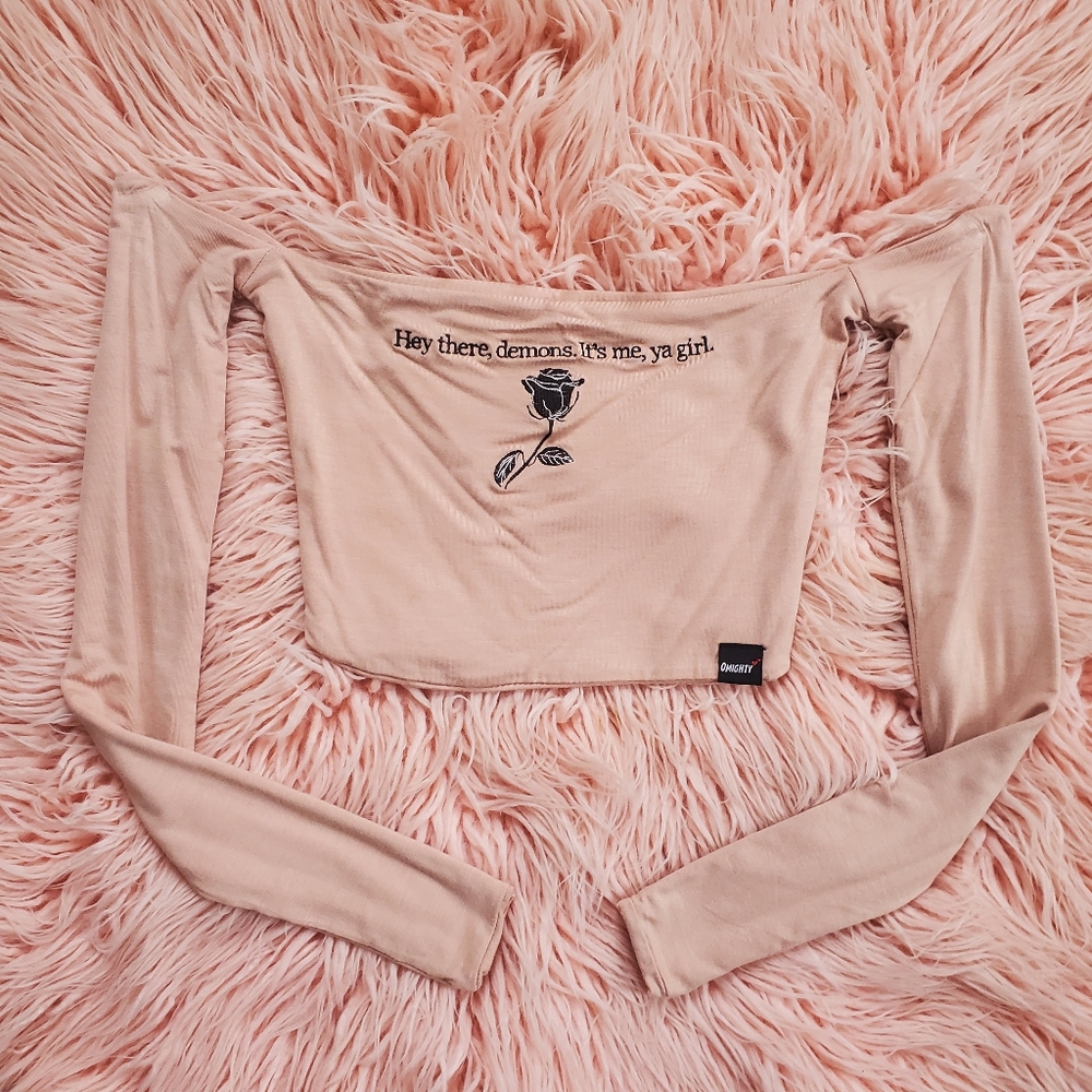 OMIGHTY Nude Off The Shoulder "Hey There Demons, It's Me" Long Sleeve Crop Top - Picture 10 of 10